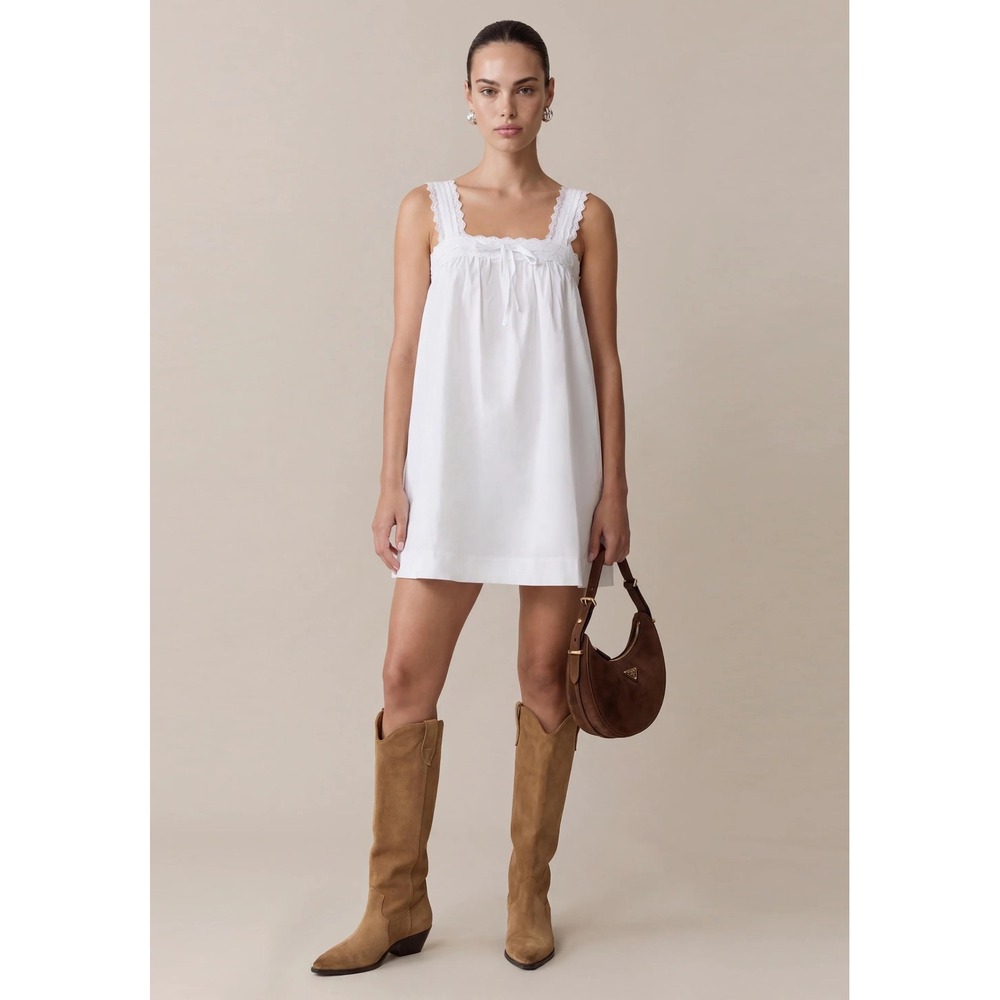 Kourt Beverly White Eyelet Lace Trim Babydoll Mini Dress Cotton Square Neck S